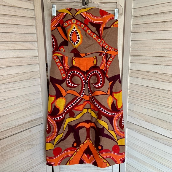 Merona Retro Geometric Multicolor Beige Red Orange Strapless Mini Dress - Picture 2 of 10